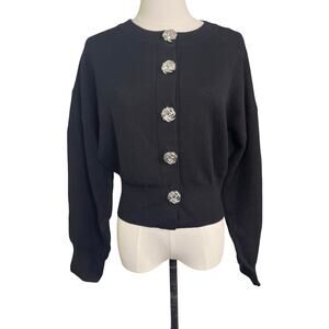 Zara Black Cardigan Sweater Medium Silver Statement Buttons Cropped Jacket Style
